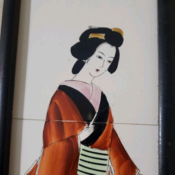 Vtg Japanese Geisha Girl Signed Framed Hand-painted Porcelain Tile- Enesco - MCM - Picture 10 of 10